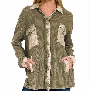 Cotton waffle acid wash oversized Shacket by Zenana Large